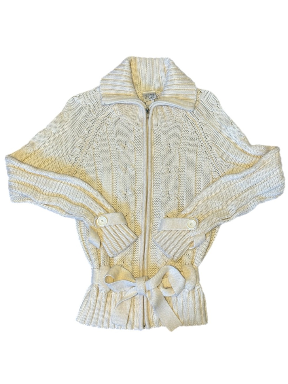 Vintage Fashion Bug Ivory Wool Blend Cable-Knit Zip Cardigan Tie Waist L Retro